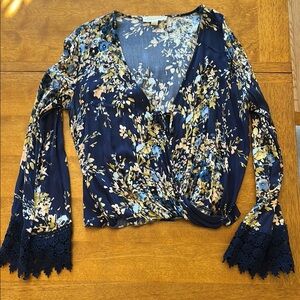 Lovestitch Bell Sleeve Wrap Blouse in Blue and White
